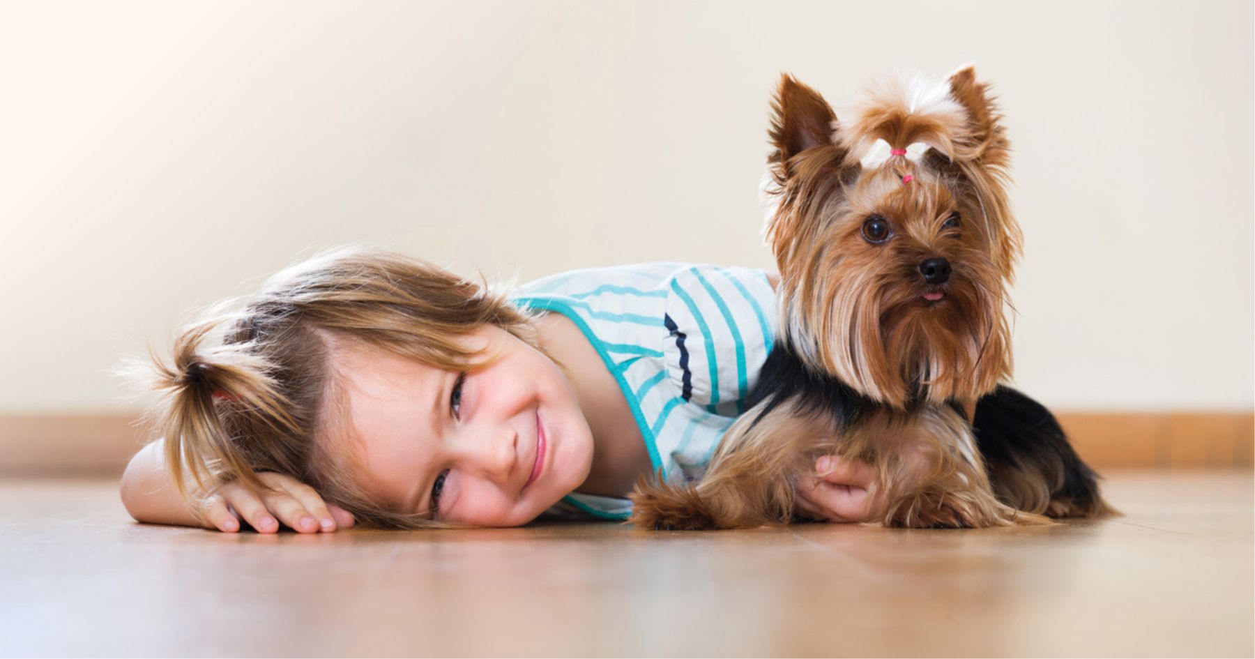 Young toddler girl with terrier on floor